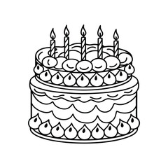 Hand drawn birthday cake with candles line art vector illustration
