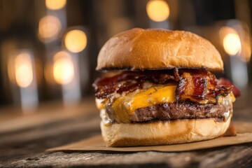 A mouthwatering cheeseburger with bacon, set against an out-of-focus background of a rustic wooden table