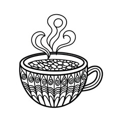 Stylized coffee cup illustration with decorative details and steaming hot beverage vector