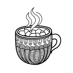 Doodle style hot chocolate mug with marshmallows and steam black and white illustration