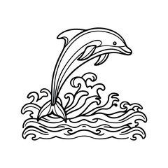 Dolphin leaping above sea waves illustration in simple black outline design style