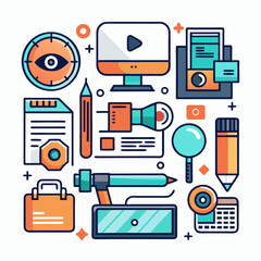 Creative Work Elements Icons With Clock,Computer,Tools,And Calculator