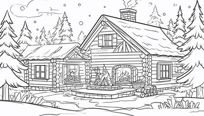 Obraz premium A cozy winter cabin with a fireplace, coloring page for kids, simple outline illustration. Coloring book, simple lines.