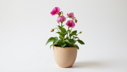 A sweet pea flower in a ceramic pot isolated on a clean white background, with soft shadows and minimalist floral styling, photo.
