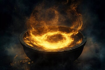 Cauldron boiling with dark smoke and flames in a mystical setting at night