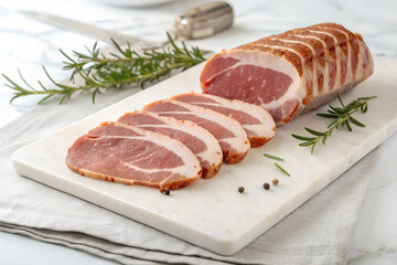Fototapeta premium Fresh Sliced Pork Loin on White Board