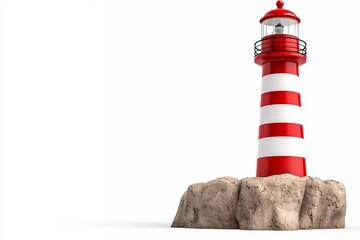 Red and White Striped Lighthouse on Rocky Outcrop Against White Background