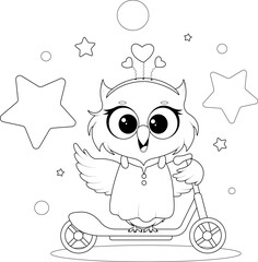 Cute cartoon owl riding a scooter. Coloring page