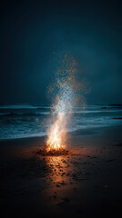 Obraz premium A mesmerizing bonfire crackles vibrantly on the dark beach, its light dancing against the tranquil ocean waves under a clouded and ethereal night sky scene.