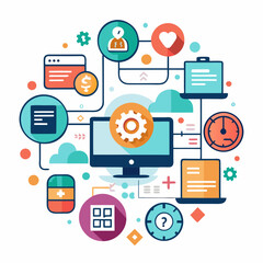 Web Development Flat Design Concept With Computer Gear Icons And Network