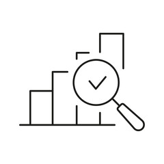 Bar Chart With Magnifying Glass And Checkmark Line Icon. Data Analysis, Verification, And Business Insights Outline Symbol. Performance Evaluation. Editable Stroke. Isolated Vector Illustration