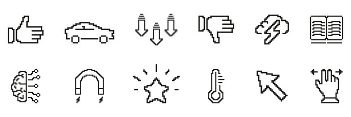 Pixel Art Icon Set. Diverse Retro Symbol Collection For Feedback, Transportation, Energy, Education, And Interaction. Isolated Vector Illustration