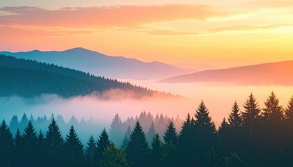 Majestic sunrise over misty forest landscape mountain range scenic view tranquil environment nature photography
