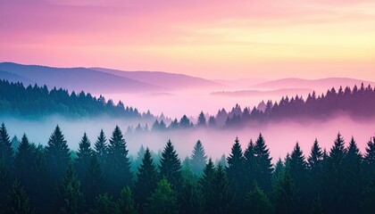 Serene sunrise over misty evergreen forest nature landscape photography tranquil environment aerial view peaceful concept