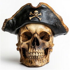Fototapeta premium Pirate skull wearing a black tricorn hat with a skull emblem on white background
