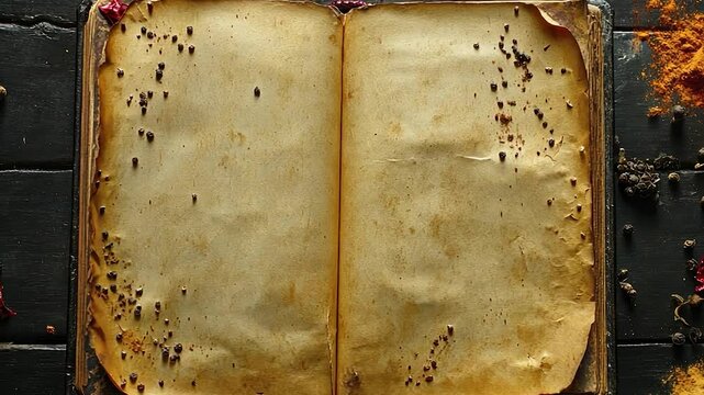 Aged cookbook open on dark wood with spices