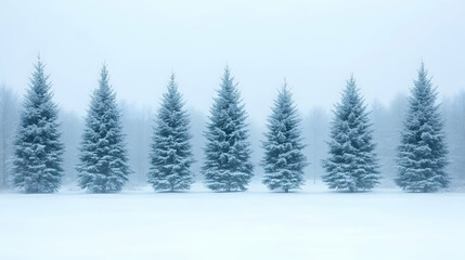 Fototapeta premium Snowy serene landscape with five evergreen trees in a row standing tall amidst a blanket of pristine white snow under