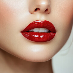 Obraz premium Close-up of stylish lips with shiny red lipstick on white background