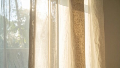 Sunlight filtering through sheer curtains in a tranquil room interior photography cozy environment soft viewpoint