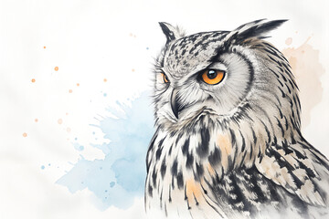 Fototapeta premium Watercolor Owl Portrait with Intense Eyes