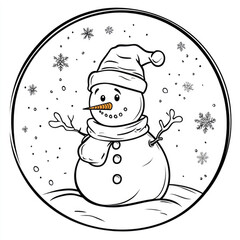 Cheerful snowman in winter scene with snowflakes on white background
