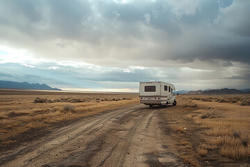 Holiday trip on large family motorhome for holiday in beautiful natural nature, abstract vivid composition consists of fictional unreal fantastic vision on background