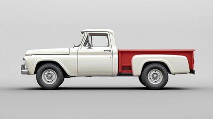 Classic white and red pickup truck on white background