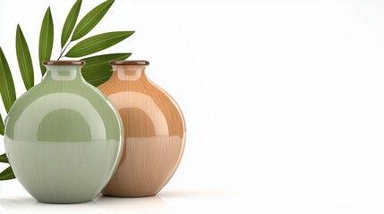 Serene Still Life Two Ceramic Vases and Leaf on White Background