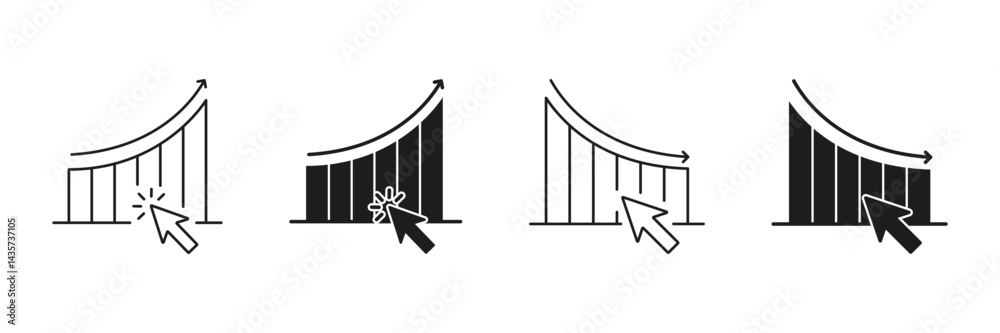 Aufkleber graph with arrow and cursor line and solid icon set. data analysis, growth, and decline tracking sym