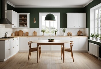 Fototapeta premium The kitchen has a table and chairs with green walls above them