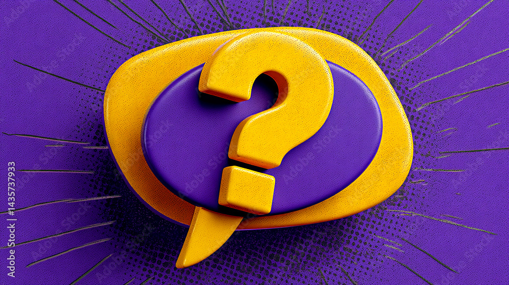 Poster 3d rendering of a yellow question mark in a purple speech bubble, set against a textured purple back