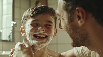 A joyful father and son are playfully smiling at each other, both covered in shaving cream.