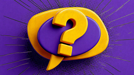 3D rendering of a yellow question mark in a purple speech bubble, set against a textured purple background with a radial design, symbolizing inquiry, questioning, or FAQ concept