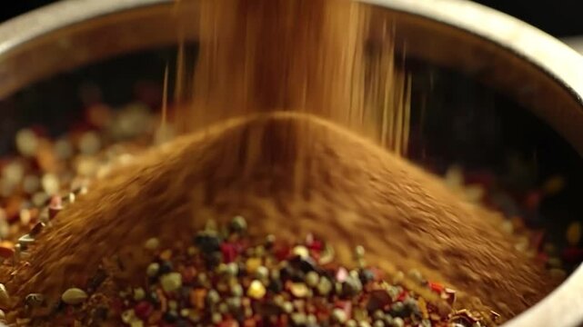 Spices poured into bowl, creating a mountain