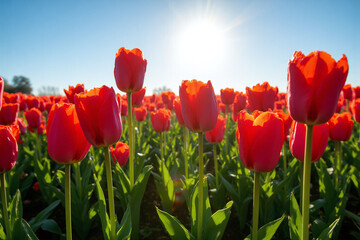 Naklejka premium field of red and yellow tulips with the sun in the background