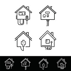 A vector icon set features real estate symbols including house, home, building, and property designs for web and business use