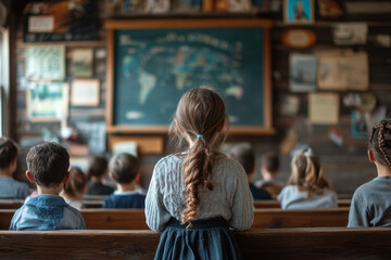 Group of children sitting in a classroom, listening attentively to the teacher's lesson. Brightly colored posters decorate the walls, adding a lively touch to the educational setting.