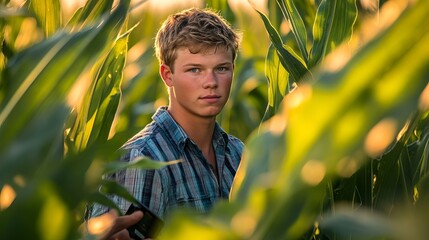 Young farmer standing in lush green cornfield at sunset man boy job crop male work soil rural light