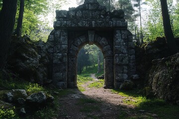Majestic portal to another world glows amidst ethereal landscape with rolling clouds and sunlit greenery