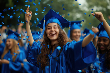 Group of graduates throwing caps in the air in celebration.