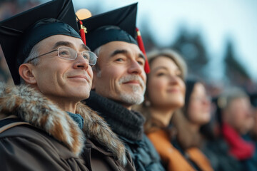 Group of graduates in graduation gowns throwing hats in the air with joy, celebrating the completion of their academic journey.