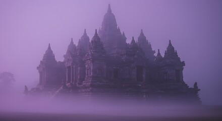 Fototapeta premium Ancient Temple Emerging from Fog Mystical Architecture