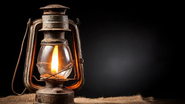 Antique kerosene lantern with glowing flame sitting on burlap against a dark background emitting warm light, creating a nostalgic ambiance