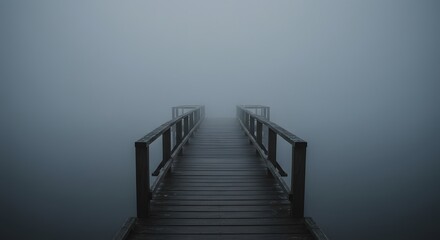 Obraz premium Wooden Pier Stretching Into Thick Foggy Mist Creates Eerie Atmospheric Scene