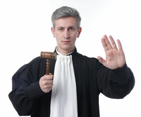 Emotional judge with mallet showing stop gesture on white background