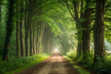 Fototapeta premium Serene Forest Path with Sunlit Trees and Lush Greenery in Natural Light Photography Style