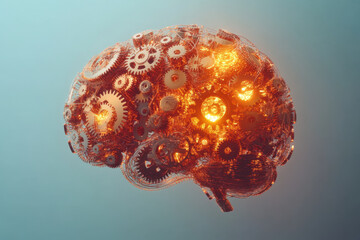 A brain made of gears, symbolizing complexity and potential, against a bright background, illustrating creativity and innovation in technology.