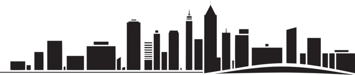 City landscape. Line urban backdrop. Skyline with clouds, different buildings on street, doodle street draw, outline cityscape hand sketch, flat houses. Hand drawn vector illustration