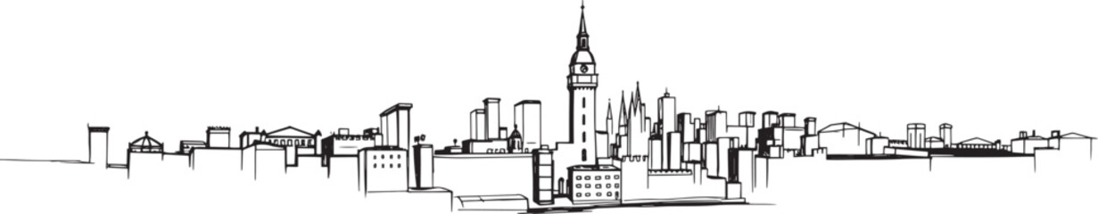 City landscape. Line urban backdrop. Skyline with clouds, different buildings on street, doodle street draw, outline cityscape hand sketch, flat houses. Hand drawn vector illustration