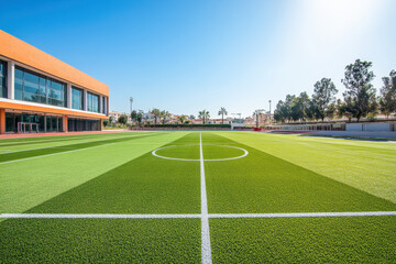 Artificial turf soccer field with players dribbling the ball and a goalie in action.